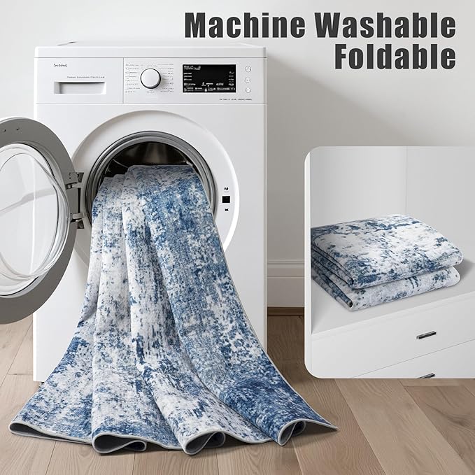 2.6x14 Washable Runner Rug:Modern Abstract Indoor Soft Carpet Blue | - Image 5