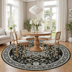Round Area Rug for Living Room: 4ft Boho Washable Rug Black Gold | Vintage Boho - Image 3