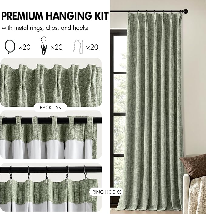 MIULEE Sage Green Pinch Pleated 100% Blackout Linen Curtains 40x108 Inches | - Image 8