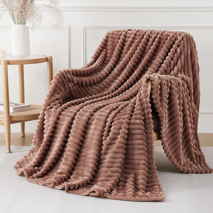 Chocolate Throw Blanket for Couch Sofa 90x90 inches Striped Design | Fleece - Image 3