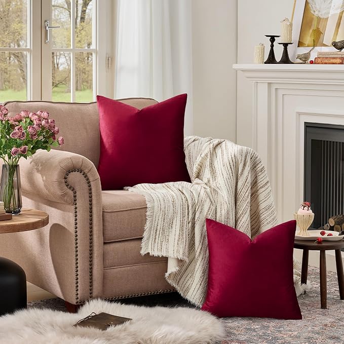 GIGIZAZA Burgundy Velvet Pillow Covers 24x24 Decorative Pillows Pack of 2 | Red - Image 3