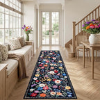 PLHXFR 3x10 Washable Runner Rug：Floral Indoor Kitchen Soft Carpet Black | - Image 3