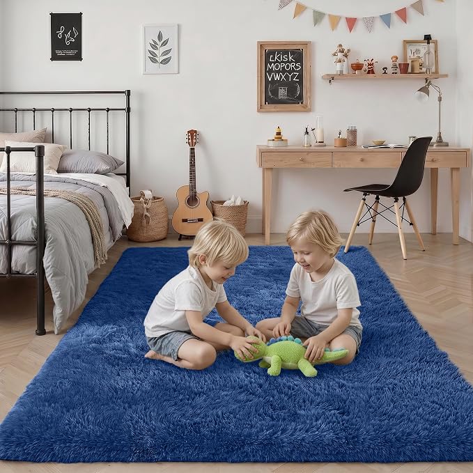 Area Rug Living Room Bedroom: 5x7 Fluffy Plush Shag Carpet Blue | - Image 7