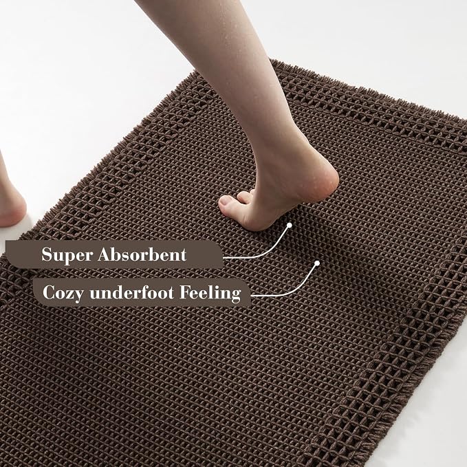 RESARE Waffle Bathroom Runner Rugs, Non Slip Boho Bath Mat 24x48 Dark Brown | - Image 3
