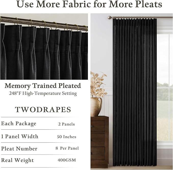 Linen Pleated Light Filtering Black Memory Shaped Curtains 108 Inches Long | - Image 4
