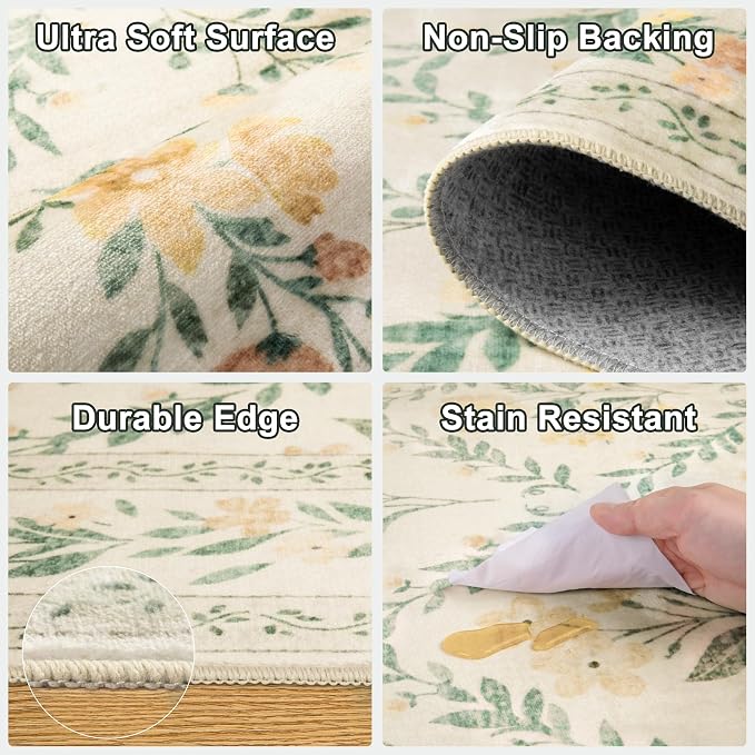 PLHXFR Round Area Rug Living Room: 8 ft Floral Washable Carpet Beige Multi | - Image 7