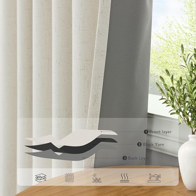 Extra Wide 60 Inch Width 100% Blackout Linen Curtains 102 Inches Long 2 Panels - Image 5