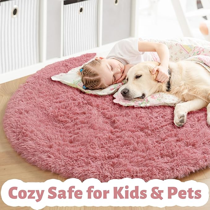 Amdrebio Blush Pink Fluffy Round Circle Rug 4Ft - Image 3