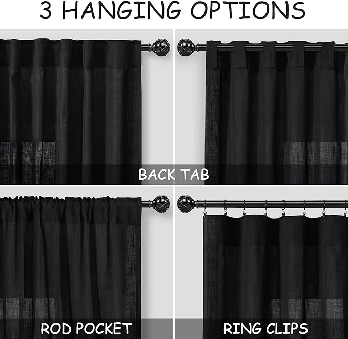 Linen Curtains 84 inches Long for Living Room Privacy Sheer Black Simple Modern - Image 2