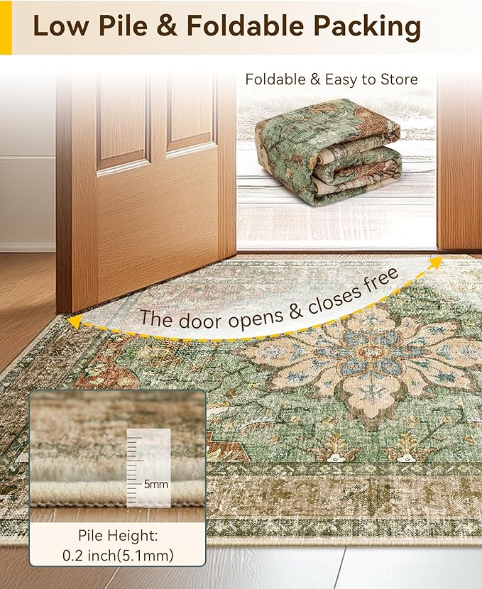 RELEANY Washable Area Rug, Runner 3'x7', Brick/Brown/Green | Non-Slip, Water - Image 5