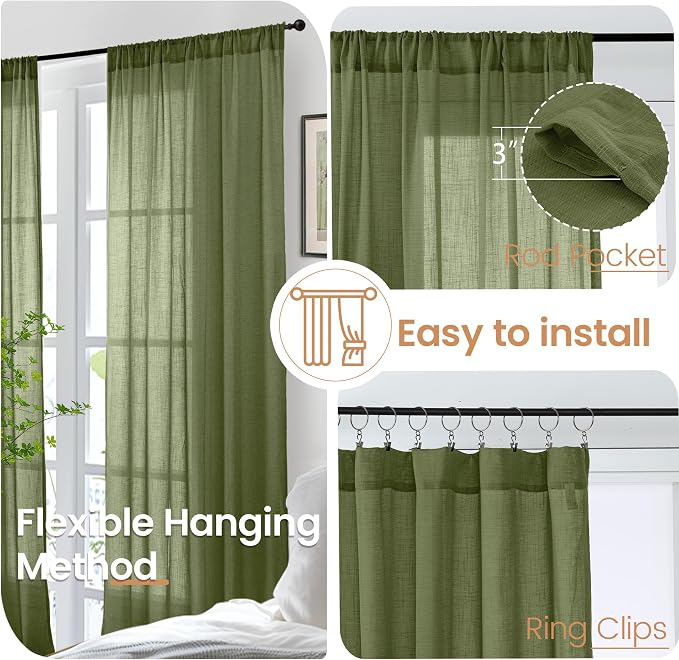 BGment Olive Green Linen Curtains 63 Inches Long - Image 6