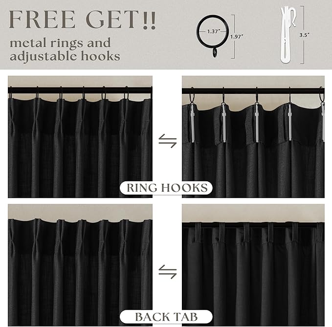 Black Pinch Pleated Linen Semi Sheer 120 Inch Curtains 2 Panels | Light - Image 5