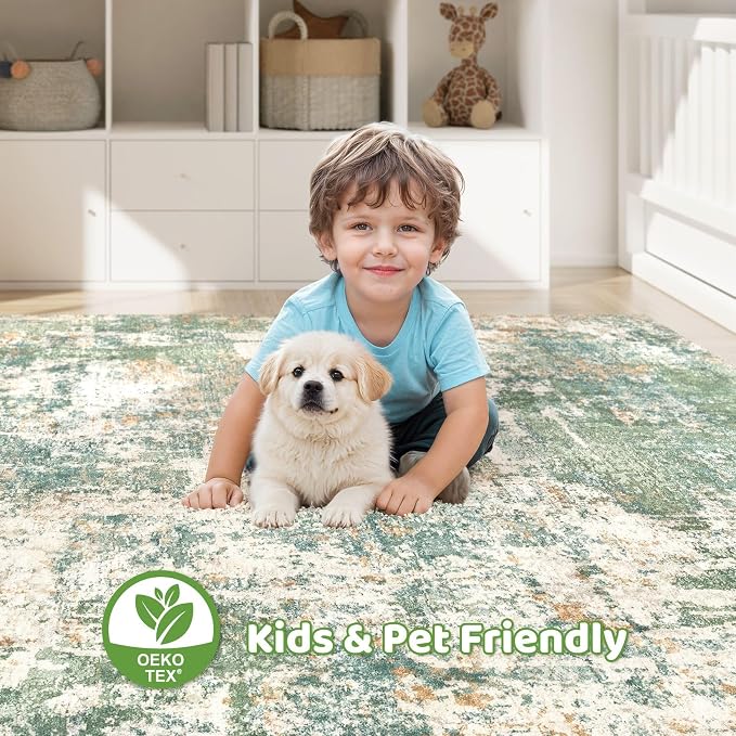 LOONGRUG 5x8 Area Rug Washable Neutral Modern Living Room Rugs Green | Abstract - Image 7
