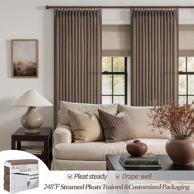 Dark Brown Pleated 90 Inch Bedroom Curtains 2 Panels Set, Memory Shape Pinch - Image 5