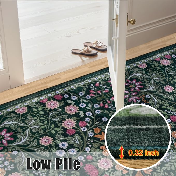 PLHXFR Area Rug 9x12 Living Room: Floral Washable Boho Carpet Dark Green | - Image 8
