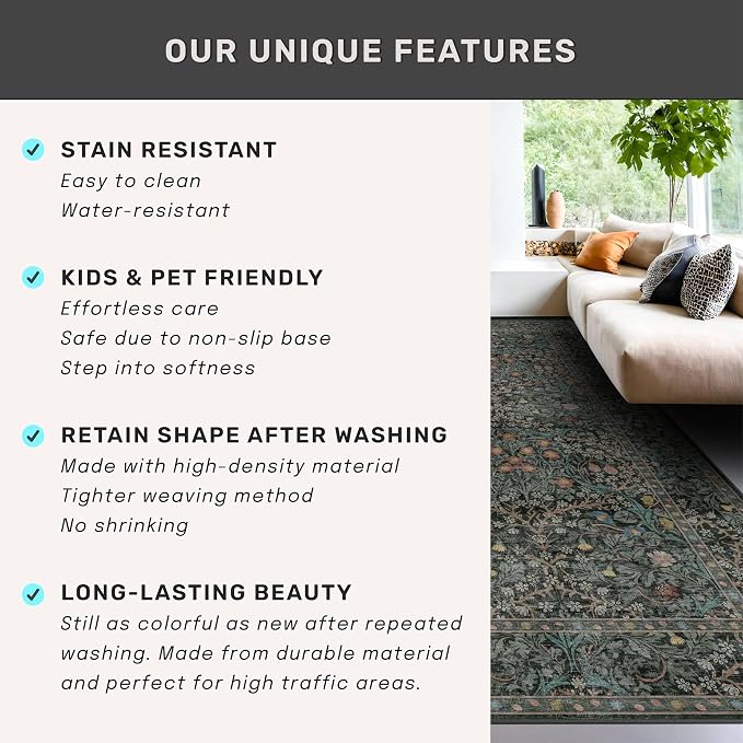Dark Green 2x5 Runner Rug Non Slip Washable - Image 8