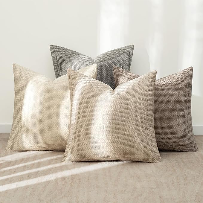MIULEE Decorative Chenille Pillow Covers Neutral Beige 18x18 Pack of 4 | Modern - Image 3