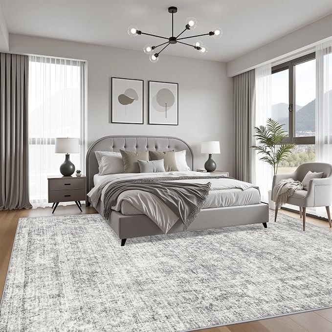 10x12 Area Rug Living Room: Modern Washable Soft Carpet Black Grey | - Image 3