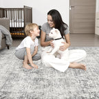 2.6x8 Washable Runner Rug：Modern Abstract Soft Carpet Black Grey | - Image 2