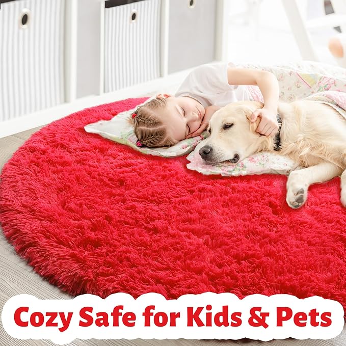 Amdrebio Red Fluffy Plush Large Round Area Rug 7Ft - Image 4