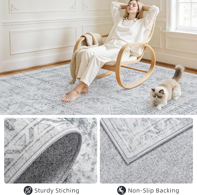 Area Rugs 9x12 Living Room: Bedroom Neutral Washable Carpet Gray | Vintage Boho - Image 4