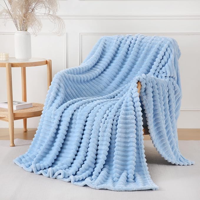 Light Blue Throw Blanket for Couch Sofa 60x80 inches Striped Design | Fleece by Unknown
