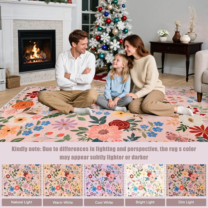 PLHXFR Area Rug 10x14 Living Room: Floral Washable Boho Soft Carpet Beige | - Image 9
