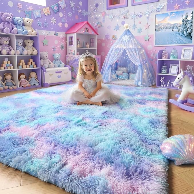 Amdrebio Purple Rainbow Mermaid Fluffy Kids Area Rug 4x6 by Amdrebio