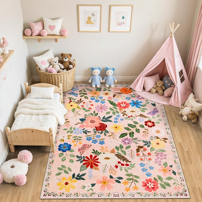 PLHXFR 6x9 Area Rug Living Room: Floral Washable Boho Soft Carpet Beige | - Image 5