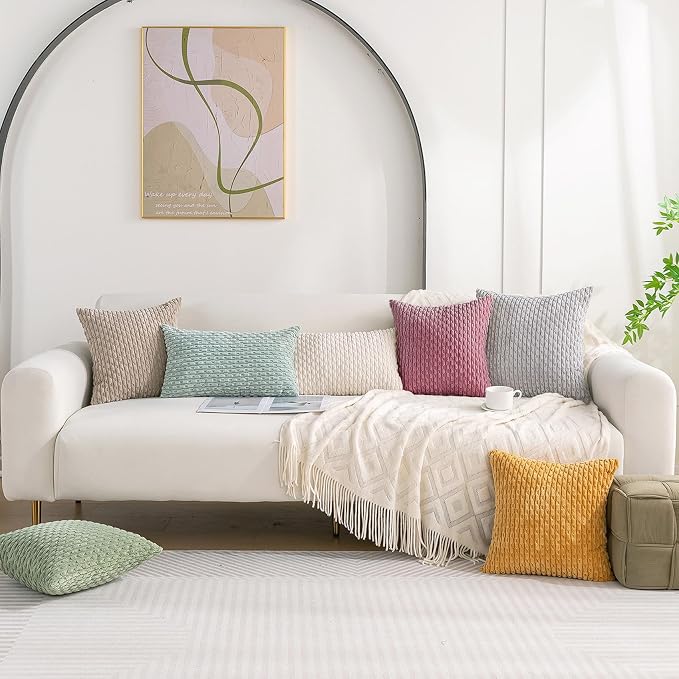 Set of 4 Pink Beige White Decorative Throw Pillow Covers 16x16 Inch Corduroy - Image 7