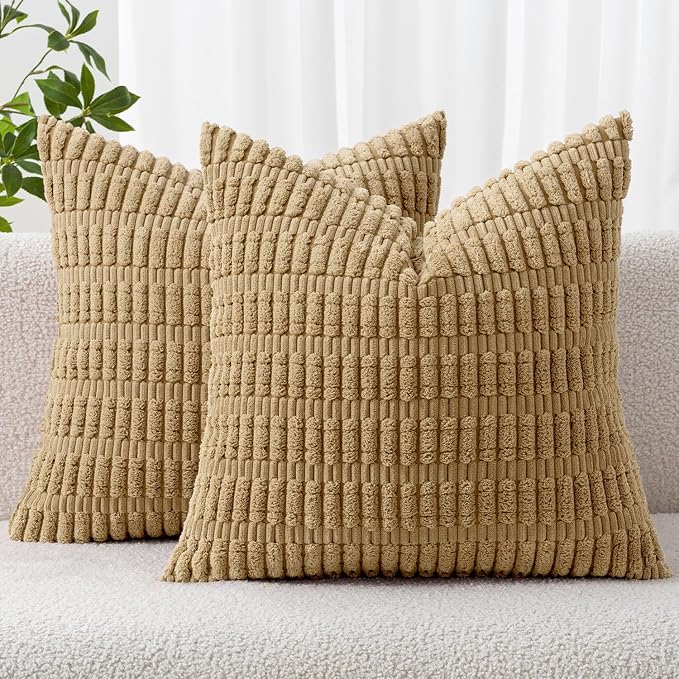 MIULEE Corduroy Decorative Throw Pillow Covers 18x18 Khaki Pack of 2 | Soft by MIULEE