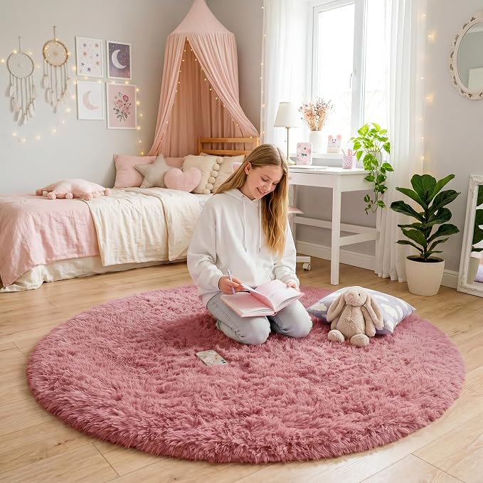 Amdrebio Blush Pink Circle Furry Area Rug 5Ft - Image 2