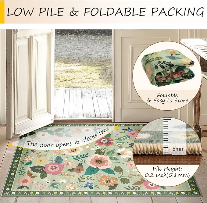 RELEANY Floral Washable 8x10 Area Rugs LightGreen | Flower Carpet Print Boho - Image 4