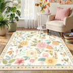 RELEANY Floral Washable Square 6ft Area Rug Beige/White/Orange | Flower Carpet - Image 8
