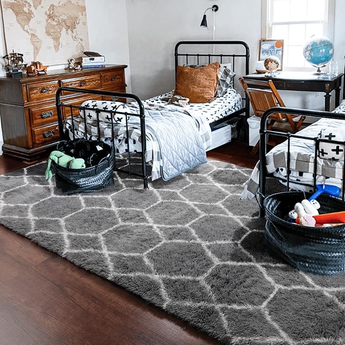 7x9 Area Rugs for Living Room Bedroom, Fluffy Grey and White Geometric Rug | - Image 9