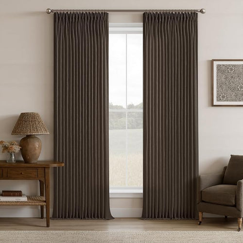 108 Inches Dark Brown Linen Pinch Pleated Semi Sheer Curtains 50W | Pleat Flax by Twodrapes