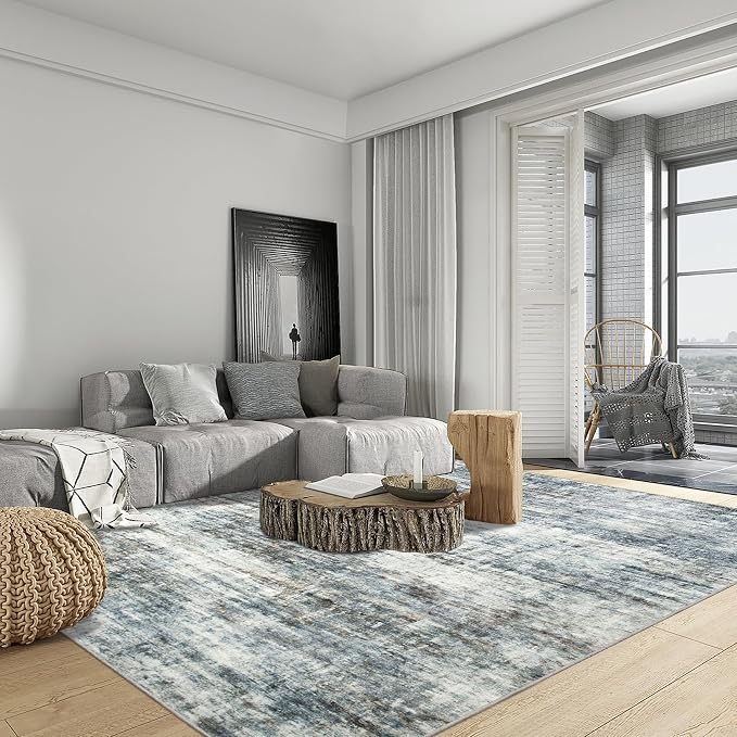 10x14 Area Rugs for Living Room: Washable Abstract Blue Multi Carpet | Non-slip - Image 5