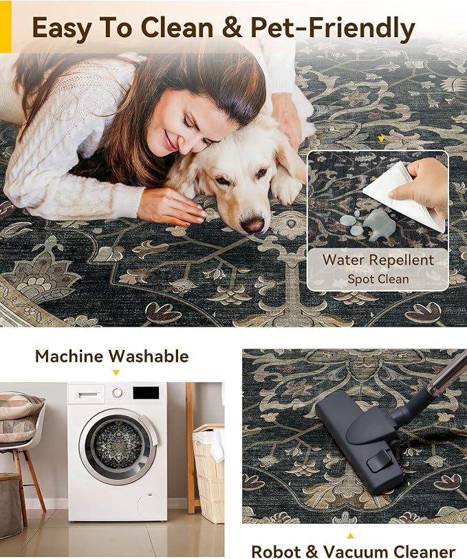RELEANY Washable Area Rug, Round 7ft, Water Repellent, Pet Friendly, Vintage - Image 4