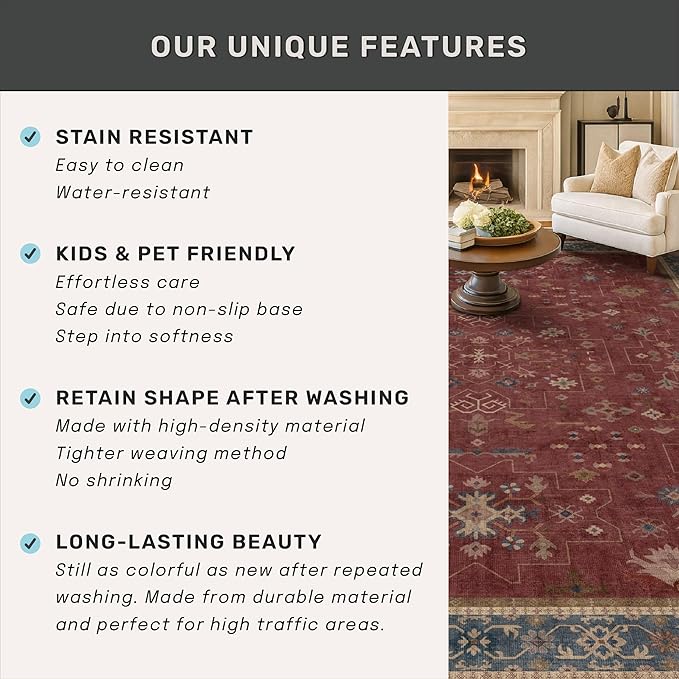 Burgundy Washable 3x20 Extra Long Hallway Runner Rug, Neutral Boho Large - Image 6