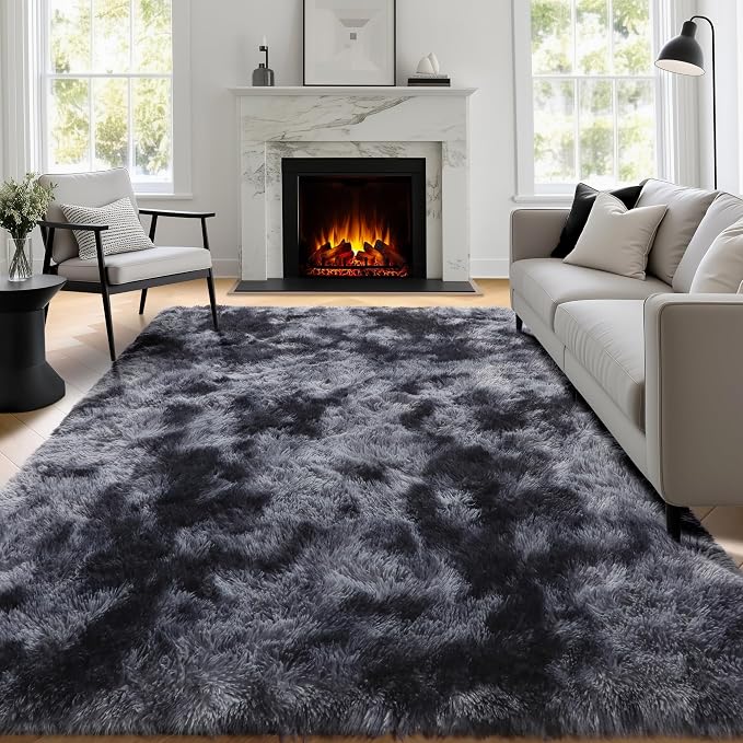 Abstract Area Rugs for Living Room 4x6, Plush Furry Tie-Dyed Dark Grey Rugs | - Image 4