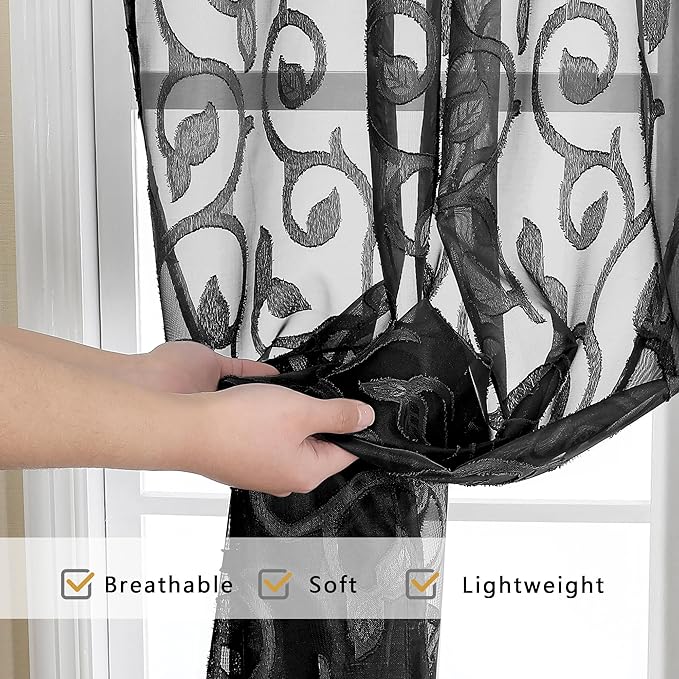 Furman Black Sheer Curtains 72 inches Long 2 Panels Set, Light Filtering Top - Image 6