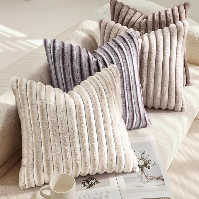 decorUhome Fall Faux Fur Throw Pillow Covers 18x18 Set of 2 Beige White | - Image 4