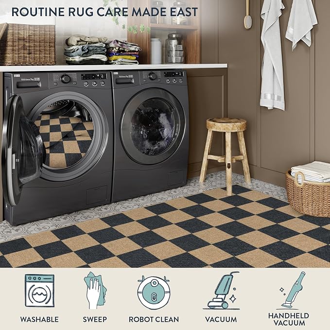 Lahome Checkered Easy Jute 4ft Round Outdoor Rug, Washable Small Rugs Black | - Image 5