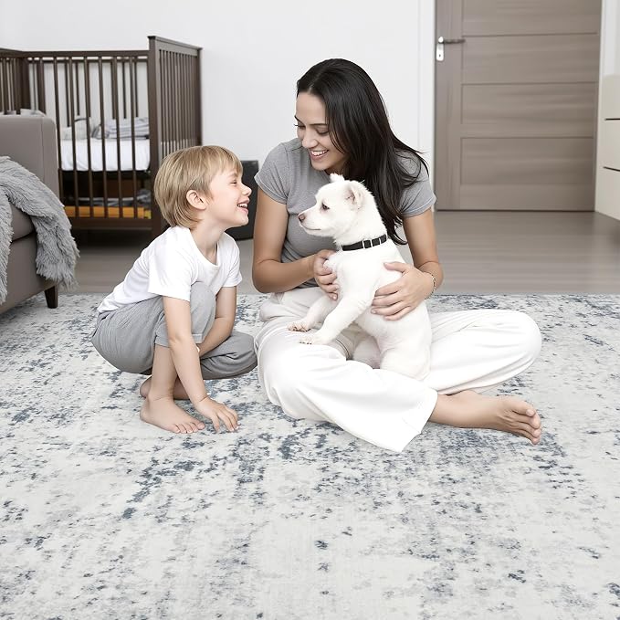 Area Rug Living Room: 6x6 Modern Washable Soft Carpet Blue Grey | - Image 2