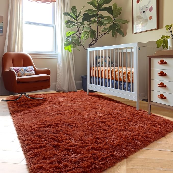 Amdrebio Terracotta Rust Furry Kids Area Rug 4x6 - Image 7