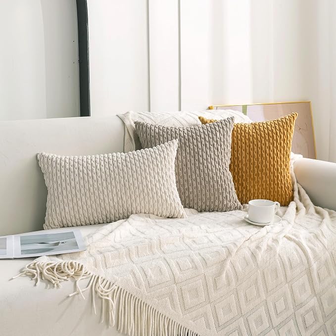 Set of 4 Neutral Decorative Throw Pillow Covers 26x26 Inch Corduroy Pillow - Image 3