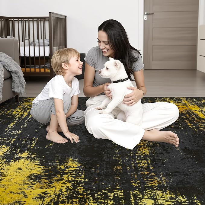 3x14 Washable Runner Rug：Modern Abstract Soft Carpet Black Gold | - Image 2