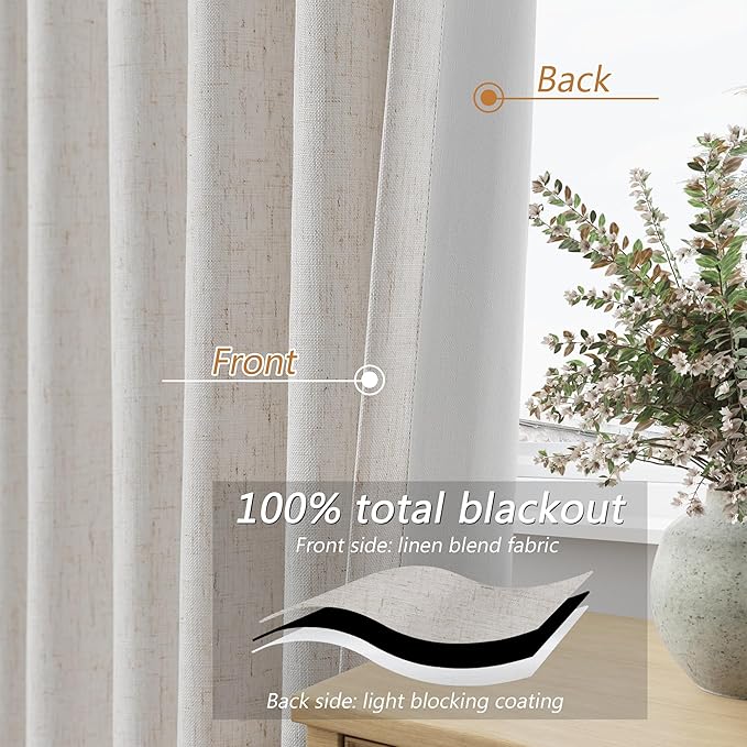 100% Black Out Light Beige Linen Curtains 90 Inch Long - Image 4