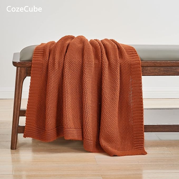 CozeCube Burnt Orange Seed Stitch Throw Blanket 50"x60", Farmhouse Decor | - Image 4