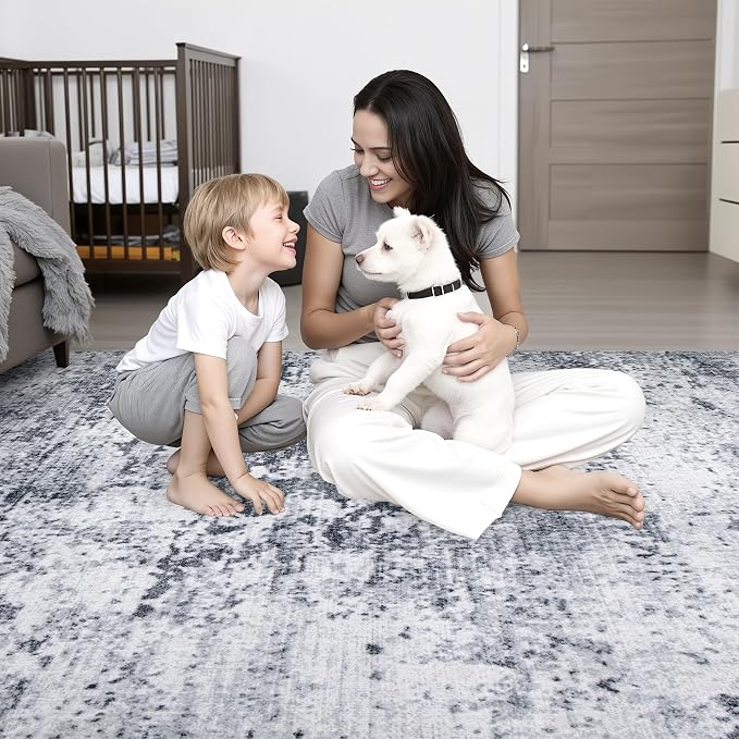 5x7 Area Rug Living Room: Modern Washable Indoor Soft Carpet Grey | - Image 9